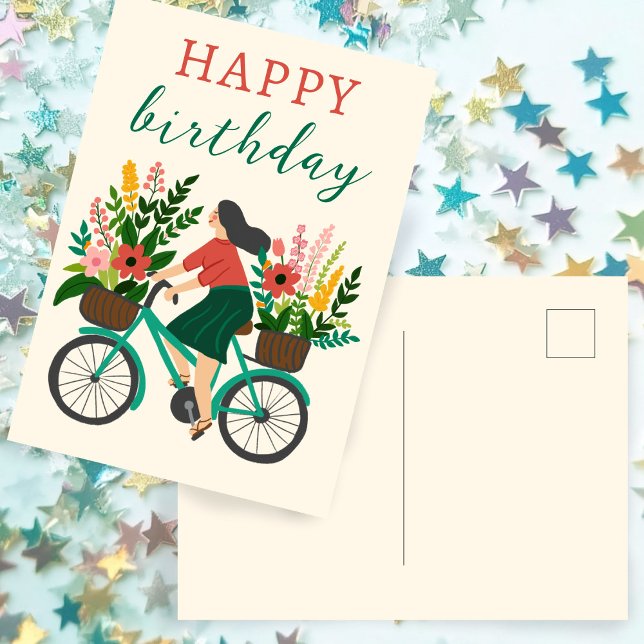 Söt flicka cyklar med blommor Glad födelsedag Vykort (Cute Girl Riding Bicycle w Flowers Happy Birthday Postcard
)