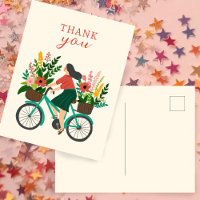 Söt flicka cyklar med blommor TACK