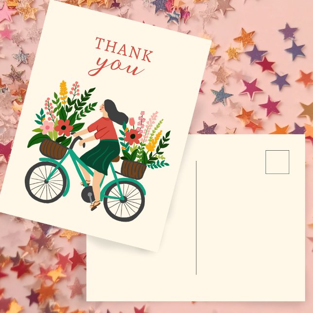 Söt flicka cyklar med blommor TACK Vykort (Cute Girl Riding Bicycle w Flowers THANK YOU Postcard
)