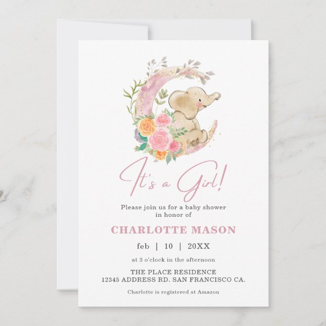 Söt flicka elefant blommig måne baby shower inbjudningar (Framsida)