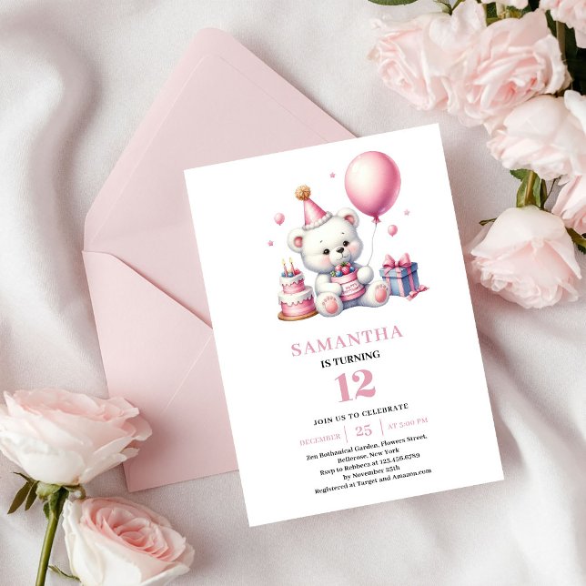 Söt flicka födelsedagsinbjudan Teddybjörn Rosa tem Inbjudningar (Cute Girl Birthday Invite Teddy Bear Pink Theme)