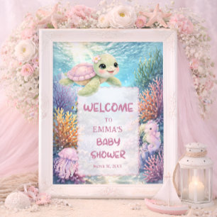 Söt flicka med havssköldpadda baby shower-välkomst poster