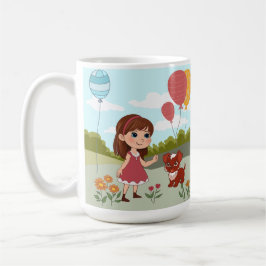 Söt flicka med hund och ballonger kaffemugg