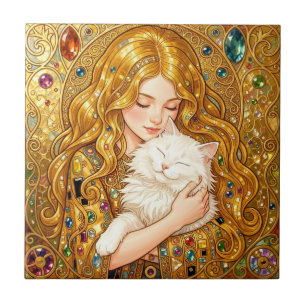 Söt flicka med katt Art Nouveau Gustav Klimt stil Kakelplatta