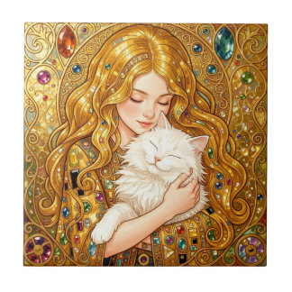 Söt flicka med katt Art Nouveau Gustav Klimt stil Kakelplatta