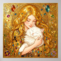 Söt flicka med katt Art Nouveau Gustav Klimt-stil