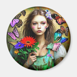 Söt flicka med röda blommor och fjärilar magnet