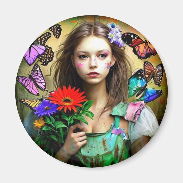 Söt flicka med röda blommor och fjärilar magnet (Framsidan)