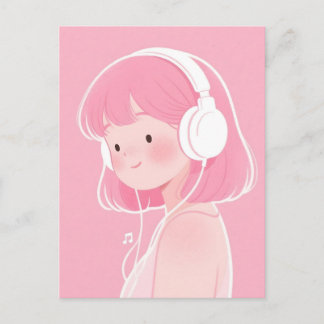 Söt flicka med rosa hår lyssnar på musik vykort