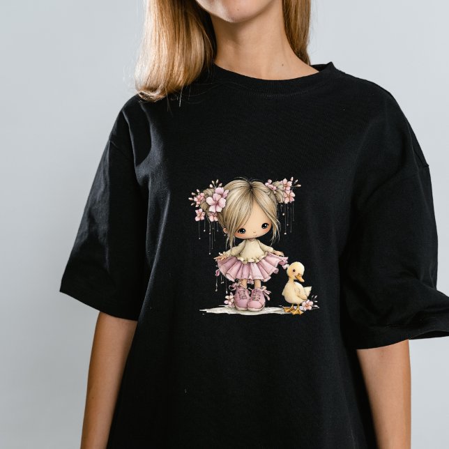 Söt flicka och ankunge Whimsical barnkammar konst T Shirt (Cute Girl and Duckling Whimsical Nursery )