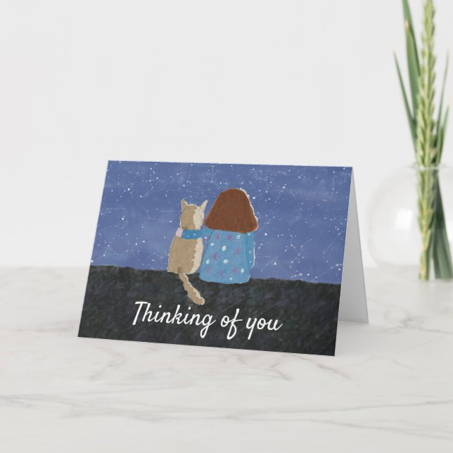 Söt flicka och katt som funderar på dig helgkort (Framsida)