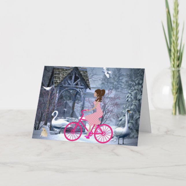 Söt flicka på en rosa cykel vinter kort (Framsida)