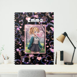Söt flicka, rosa bubbelgummibubbla, personlig anteckningsbok