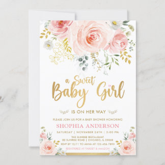 Söt Flicka Rosa Guld Blommigt Babykläder Inbjudningar