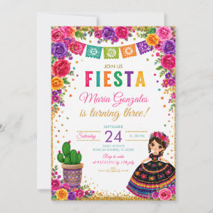 Söt flicka señorita 3-års födelsedag mexikansk ros inbjudningar