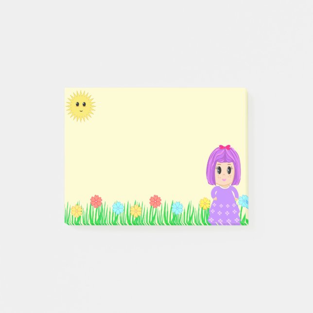 Söt flicka, sol, blommor och gräs post-it block (Framsida)