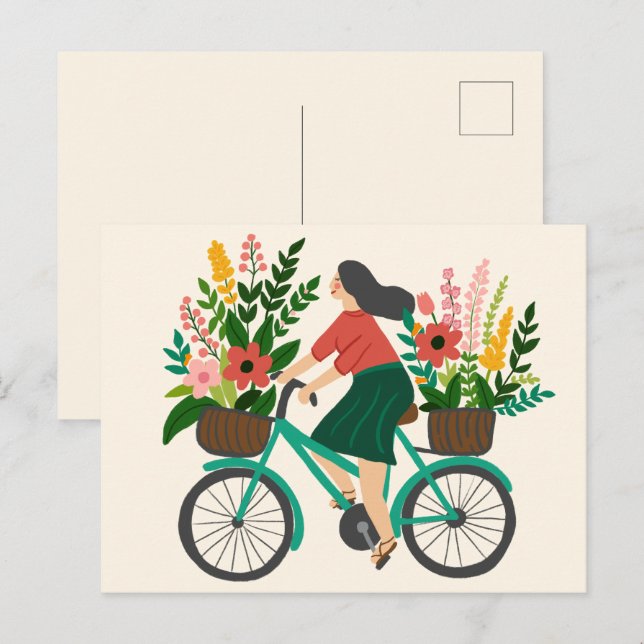 Söt flicka som cyklar på cykel med blommor Anpassa Vykort (Fram/baksida)