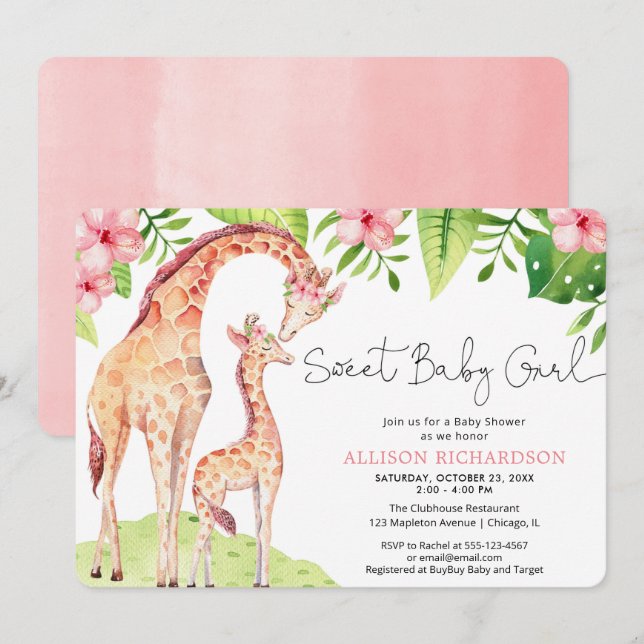 Söt Flicka söt giraffe safari babydusch Inbjudningar (Fram/baksida)