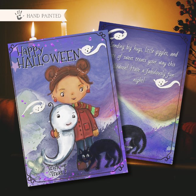 Söt flicka, spöke & svart katt | Barnens spökstrav Julkort (Cute Girl, Ghost, & Black Cat  Kids Spooktacular Holiday Card)
