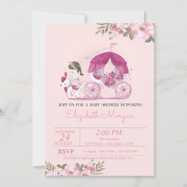 Söt flicka, vagn, blomster baby shower inbjudningar (Framsida)