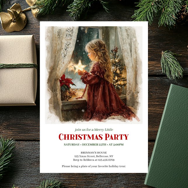 Söt flicka väntar på tomte utskrivbar julinbjudan inbjudningar (Cute girl awaits Santa printable Christmas invitation)