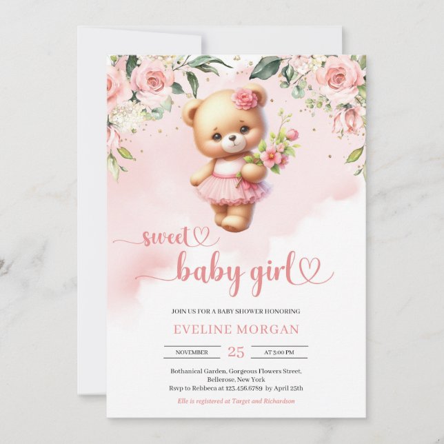 Söt flicka vattenfärgsfärgad nalle  blommigt inbjudningar (Framsida)