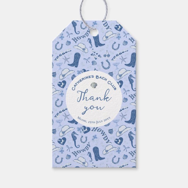Söt flickaktig blå kust cowgirl randig tack presentetikett (Framsidan)