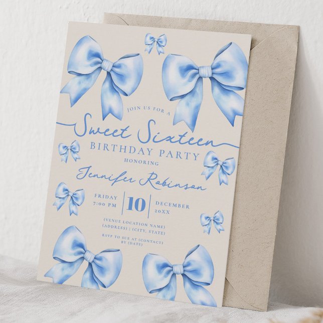 Söt flickaktig Coquette-båge Sweet 16 födelsedag b Inbjudningar (Cute Girly Coquette Bow Sweet 16 Birthday Blue Invitation)