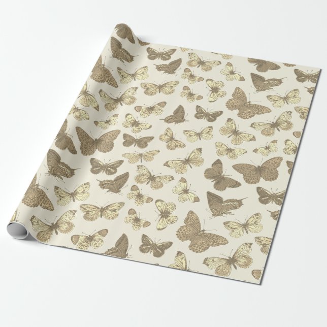 Söt flickaktig guld beige fjärilsmönster presentpapper (Utrullad)