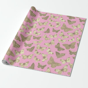 Söt flickaktig gyllene beige fjärilsmönster rosa presentpapper