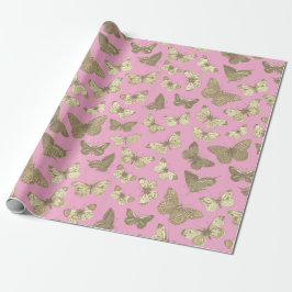 Söt flickaktig gyllengul beige fjärilmönster rosa presentpapper
