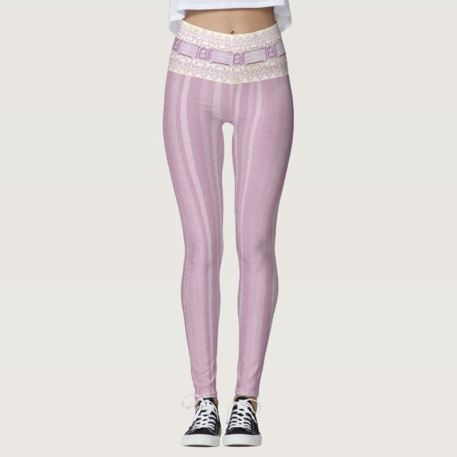 Söt flickaktig lila design spetskant yoga leggings (Framsida)