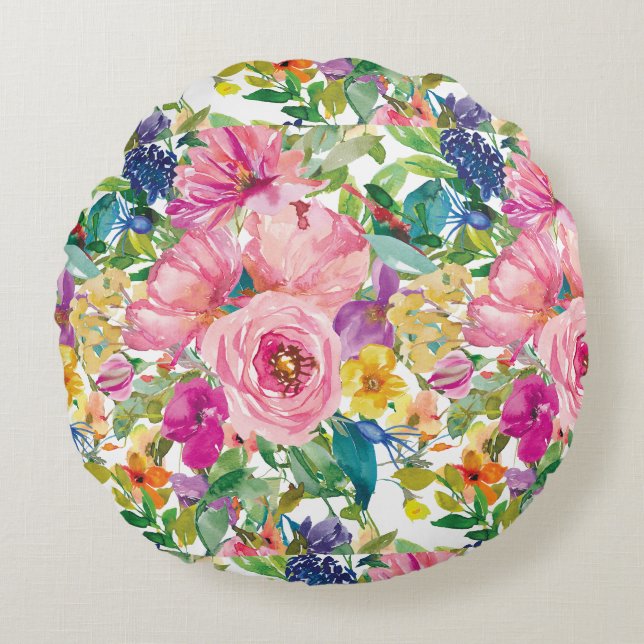 Söt flickaktig rosa blå gul akvarell blommig rund kudde (Framsidan)