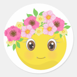 Söt flickaktigt Emoji med blommaklistermärkear Runt Klistermärke