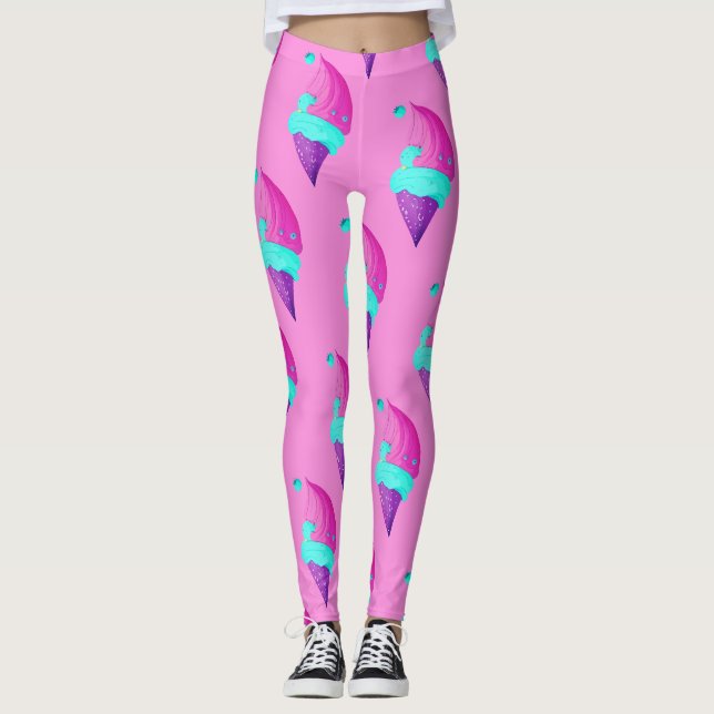 Söt flickdocka Färg Rosa Blå Glass Mönster Leggings (Framsida)