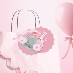 Söt flickig elefant rosa rosett födelsedagsfest gåvor etiketter