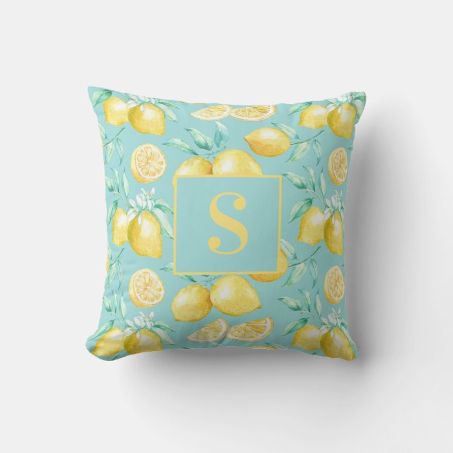 Söt flickig gul citronmönster blå monogram kudde (Framsida)