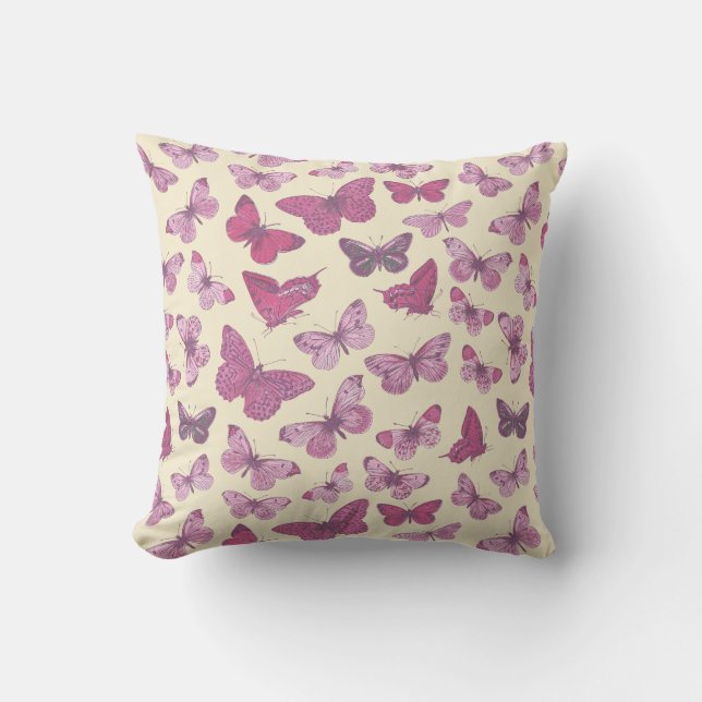 Söt flickig rosa fjärilmönster på beige kudde (Framsida)
