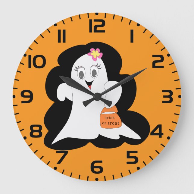 Söt flickig spökhalloweenbus eller godis stor klocka (Framsida)