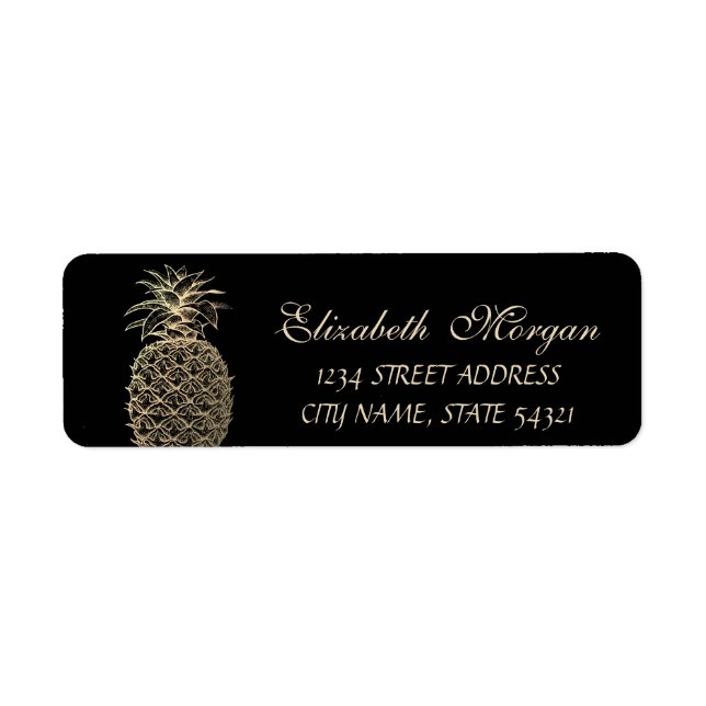 Söt flickig svart guld ananas returadress etikett (Framsidan)