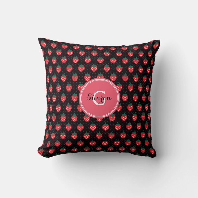 Söt flickig svart rosa jordgubbsmönster monogram kudde (Framsida)