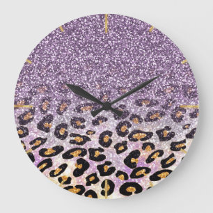 Söt flickig trendig lila falsk glitter leopard stor klocka