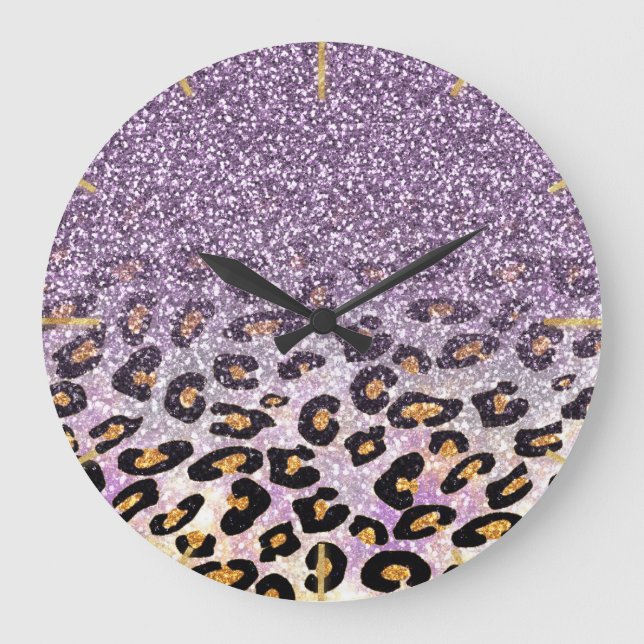Söt flickig trendig lila falsk glitter leopard stor klocka (Framsida)
