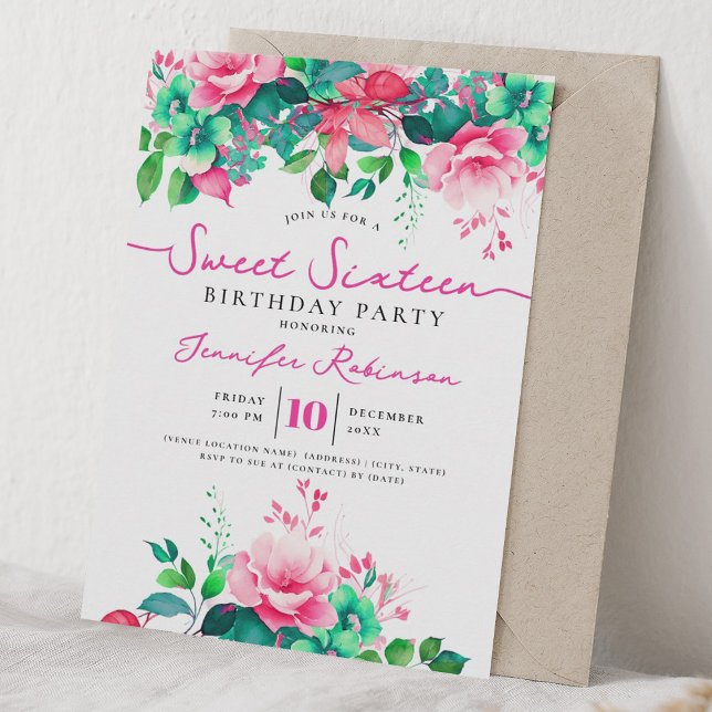 Söt flickig vårblomma Sweet 16 födelsedagsfest  Inbjudningar (Cute Girly Spring Floral Sweet 16 Birthday Party Invitation)