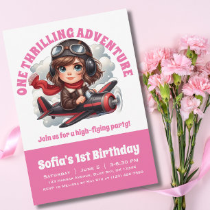 Söt flickpilot flyger flygplan, rosa födelsedagsfi inbjudningar