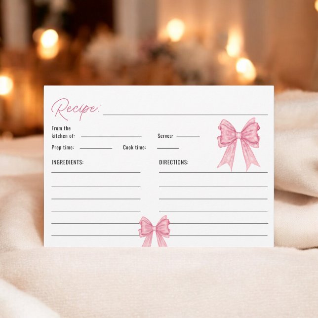Söt flirt rosa rosett bröllopsfest receptkort tilläggskort (Cute Coquette Pink Bow Bridal Shower Recipe Card)