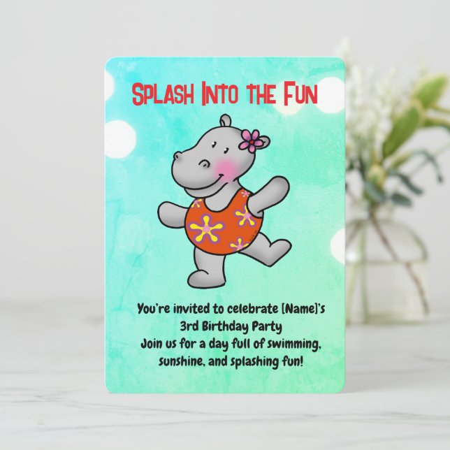 Söt Flodhäst 3-års Födelsedags Poolparty Inbjudningar (Stående Fram)