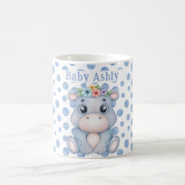 Söt flodhäst med bebisnamn blå prickar kaffemugg (Center)