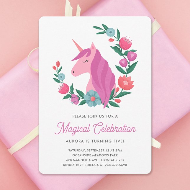 Söt Floral Unicorn Girls Birthday-inbjudan Inbjudningar (Skapare uppladdad)