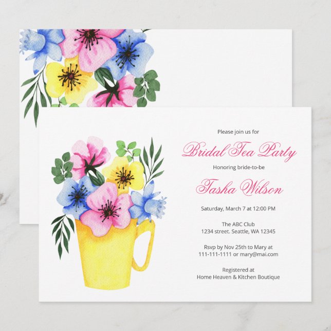 Söt Flowers i Tekopp Möhippa Tea Party Inbjudningar (Fram/baksida)